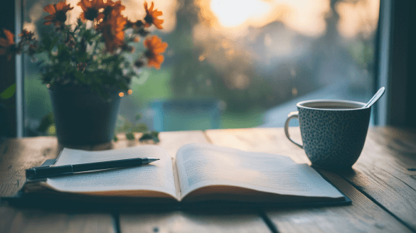 An open book on a wooden table beside a cup of coffee and a potted flower, capturing a serene reading atmosphere.