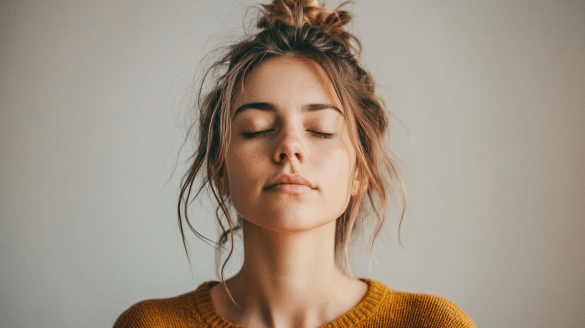 A serene woman with closed eyes and tousled hair, wearing a cozy yellow sweater, exuding tranquility and peace.