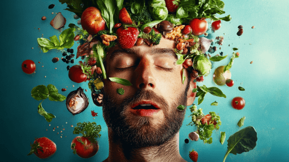 A man with a beard has various fruits and vegetables floating around his head, symbolizing health and nutrition. Includes apples, tomatoes, and greens.