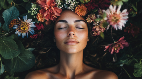 Close-up of a woman with closed eyes surrounded by colorful flowers, showcasing natural beauty and tranquility.