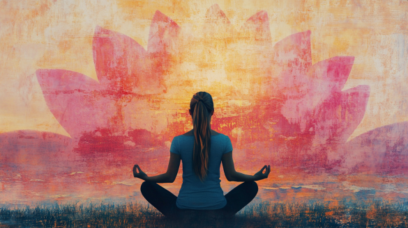 Woman meditating in front of a large lotus flower, promoting tranquility and mindfulness. Ideal for wellness and yoga themes.