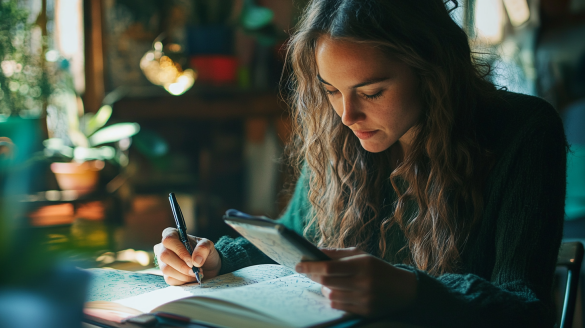 A woman with long, curly hair writing in a notebook while holding a smartphone, surrounded by plants and natural light.