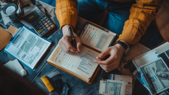 Person writing in a ledger with bank documents, calculator, and cash on a table, illustrating financial management and accounting.