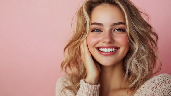 A young woman with blonde hair smiling brightly, showcasing her healthy teeth against a pink background. Ideal for dental and beauty content.