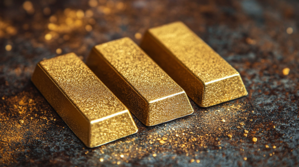 Three gold bars arranged on a textured surface, showcasing their shiny and reflective surfaces, ideal for investment and luxury themes.