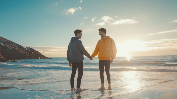 Two happy gay men holding hands on a beach during sunset, with waves gently lapping at their feet.