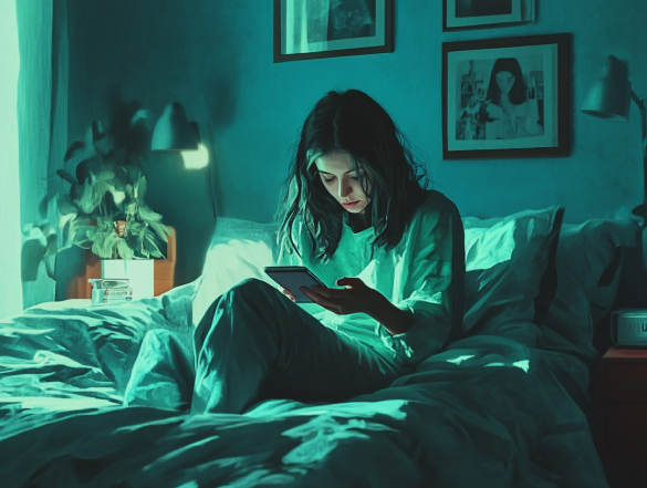 Individual sitting on a bed, looking at a smartphone in a softly lit room.